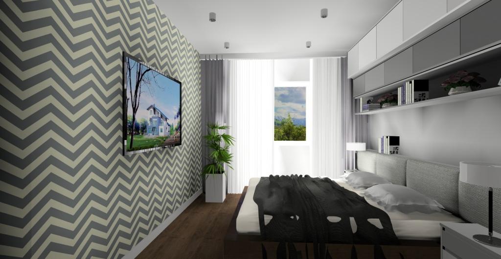 sypialnia, nowoczesna sypialnia, biały, szary, tapeta zygzaki, projekty sypilani