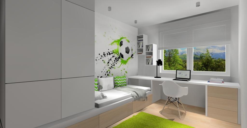 Mieszkanie, projekt pokoju dla dziecka w stylu skandynawskim, zdjęcie na biurko, łózko, szafę, tapetę z piłką nożną