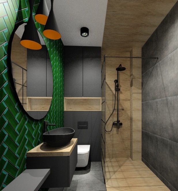 Mieszkanie w stylu industrialnym, wnętrze łazienki, płytki zielone, szare i drewno