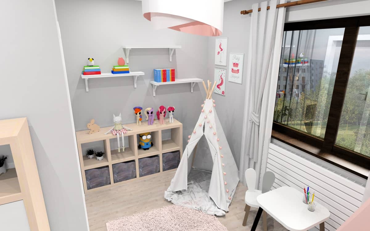 Pokój dziecięcy, dodatki, obrazki na ścianie, łżóko z baldachimiem, dywan pudrowy róż, namiot tipi, krzesełka z uszkami, półki otwarte białe