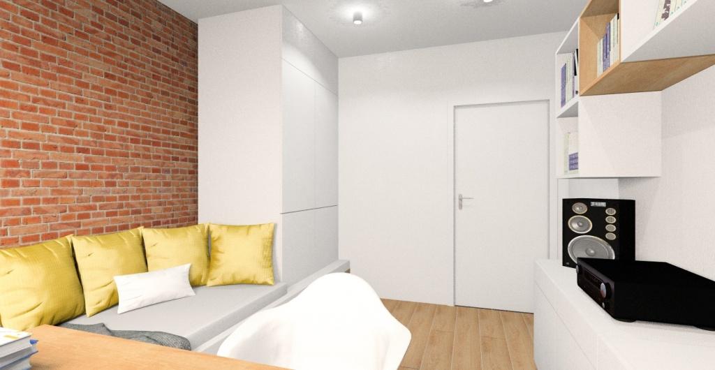 Pokój młodzieżowy dla nastolatka, widok na ścianę z cegłą łóżko szafę do sufitu