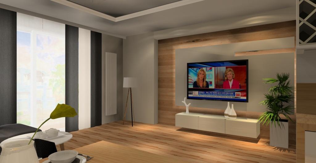 Projekt salonu z aneksem kuchennym, aranżacja styl nowoczesny, widok na salon zabudowę ściany RTV w drewnie, szafka RTV biała