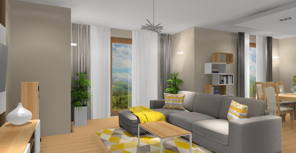 Salon z jadalnią, projekt wnętrza nowoczesnego, widok na jadalnie, sufit podwieszany, sofa narożna szara z dodatkami zółtego, szarego