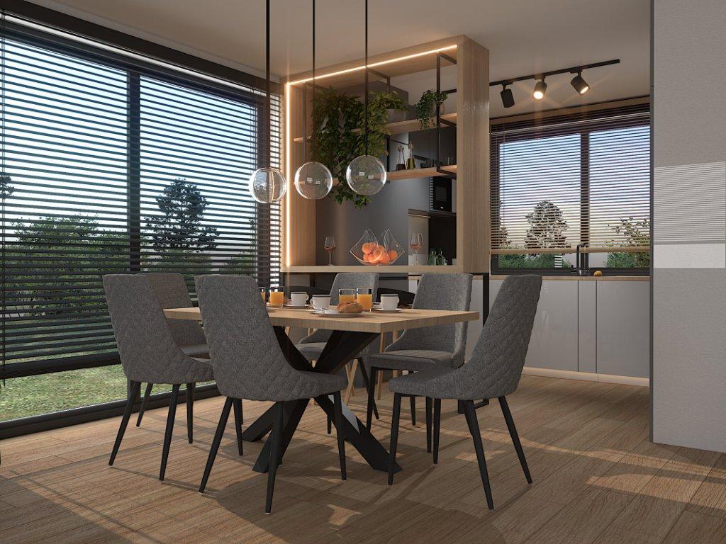 Mały salon z kuchnią miejscowość Kamienna Góra, widok na mała kuchnię w litere L z barkiem, jadalnie, meble kuchenne w kolorach szary i czarny z drewnianym blatem , stół w jadalni drewniany z czarna podstawą, szklane lamy nad stołem, loftowa półka nad barkiem