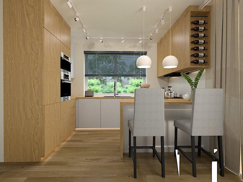 Aranżacja salonu z z kuchnią miejscowość Jabłonna , widok na kuchnię z barkiem, meble kuchenne białe z drewnem, kuchnia z jednym oknem