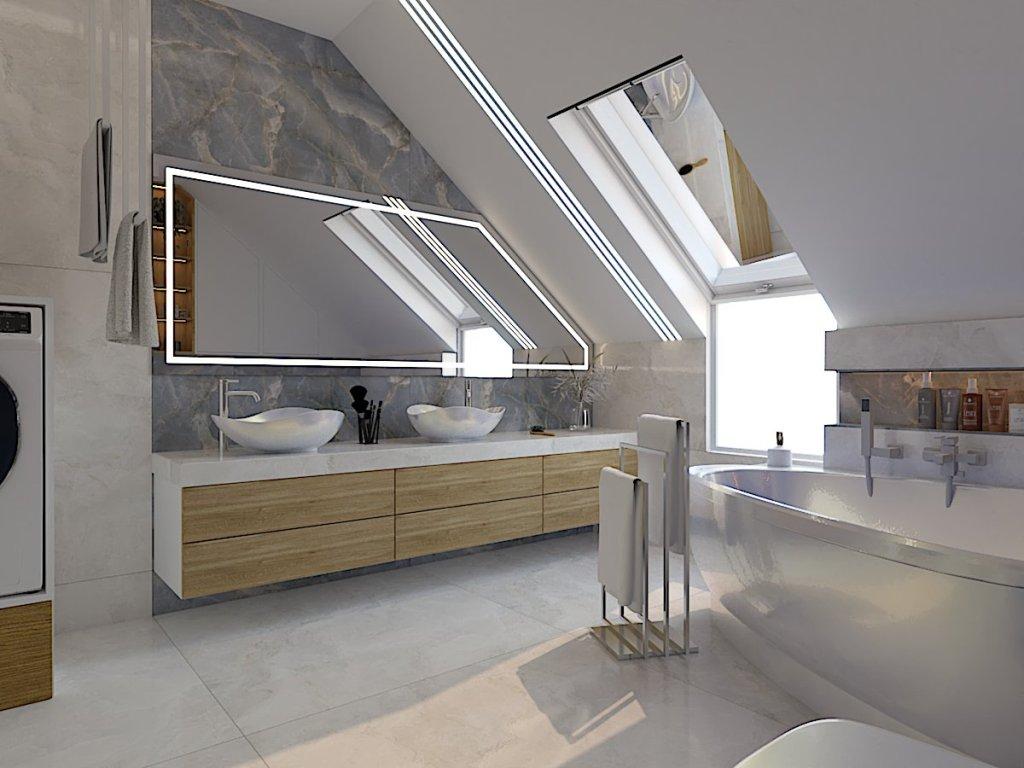 Łazienka miejscowość Lekartów, łazienka na poddaszu ze skosami, na zdjęciu widzimy dużą szafę z dwoma umywalkami nablatowymi , duże lustro z LED, wanne