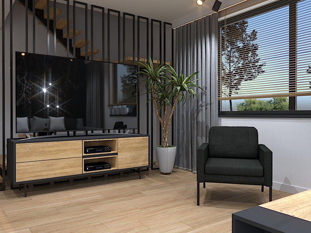 Mały salon z kuchnią miejscowośc Kamienna góra, zdjęcie na aranżację ściany RTV - loftowe oddzielenie klatki schodowej od salonu