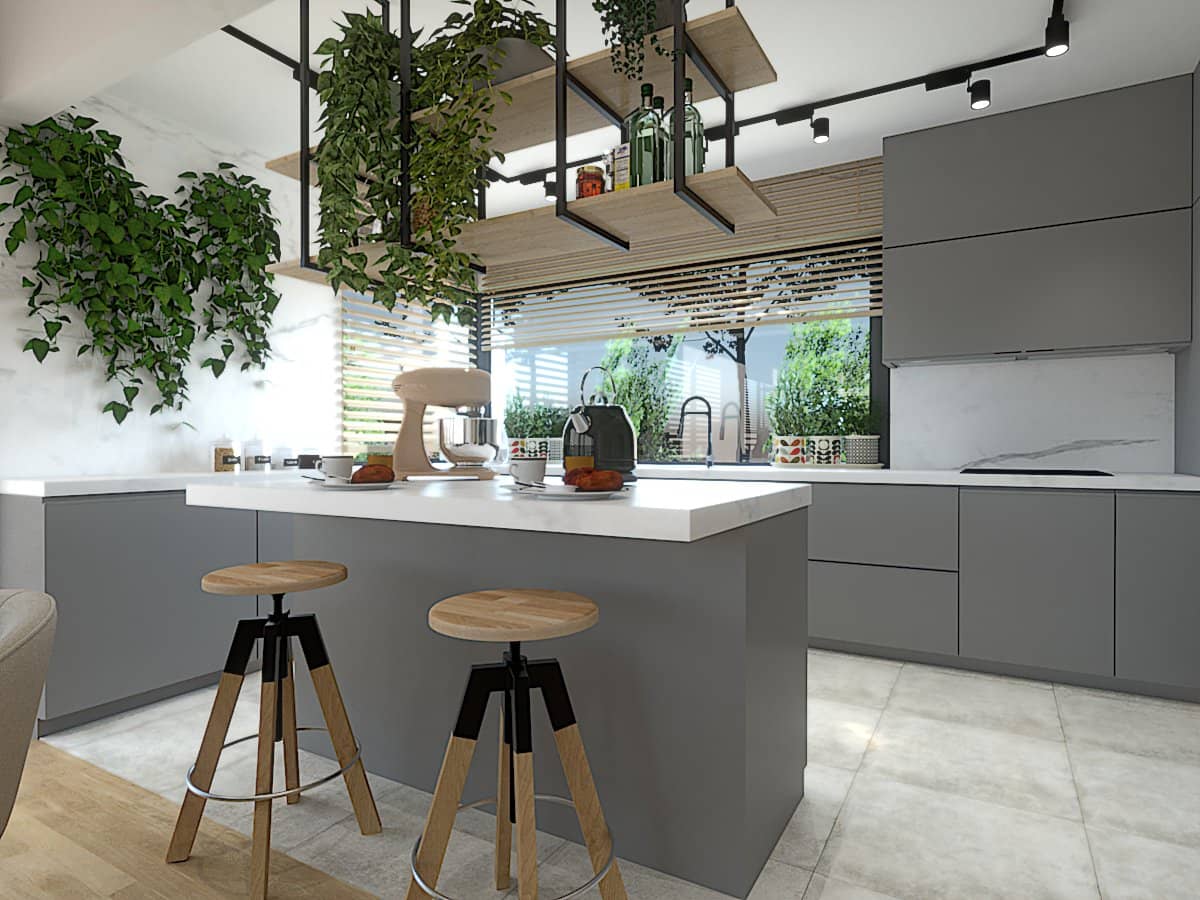 Projekt kuchni w mieszkaniu 120 m2, kuchnia z wyspą, okno narożne