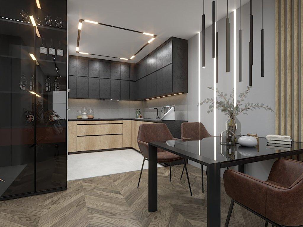 Projekt mieszkania 55m2 dla singla, widok na kuchnie