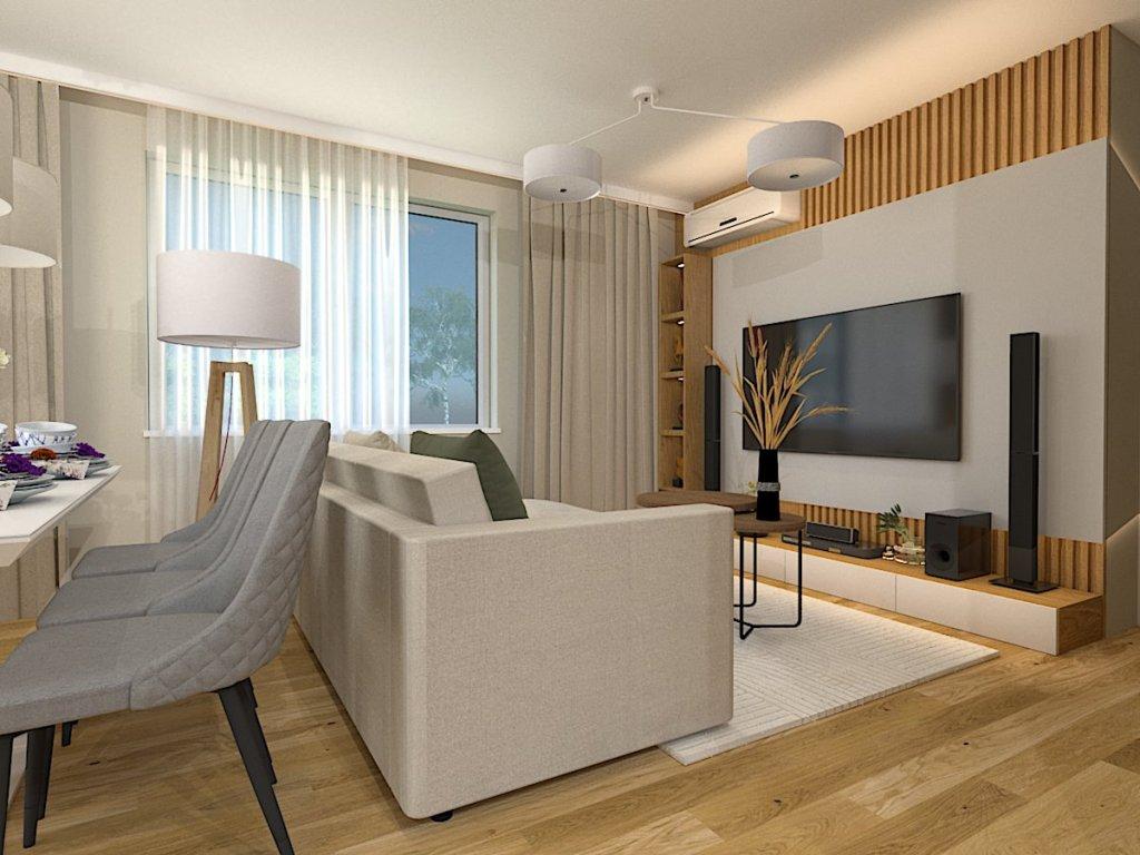 Projekt salonu z kuchnią miejscowość jabłona, zdjęcie małego wnętrza salonu - ściana RTV