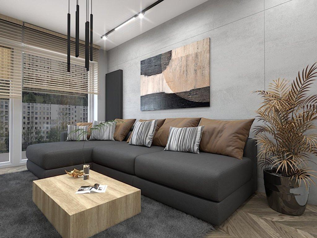 Salon w mieszkaniu dla singla wizualizacja ściany z sofą narożną