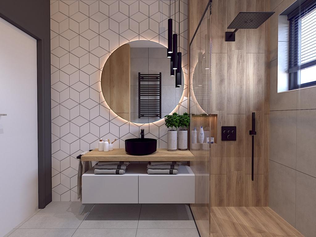 Łazienka z białymi i drewnianymi płytkami w stylu nowoczesnym Mączniki