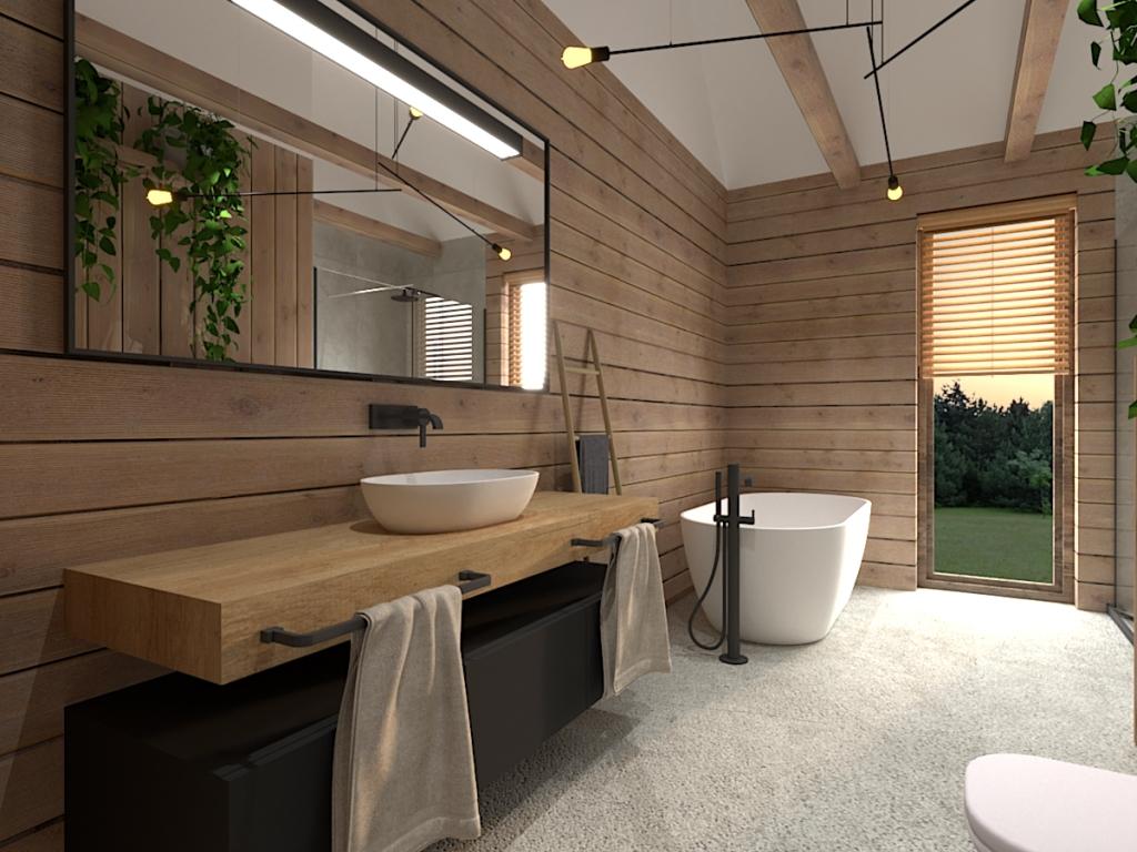 Drewno na ścianie w łazience Ząbki