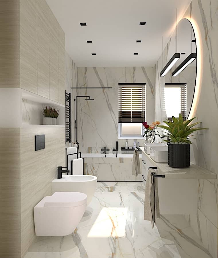 łazienka z wanną i parawanem nawannowym z płytkami imitującymi marmur biały, szary złoto Rokiciny