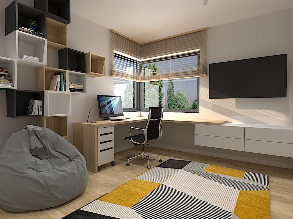 Pokój dla chłopca w kolorze, żółty, szary, biały i drewno