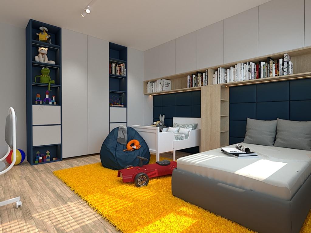 Pokój dla rodzeństwa, kolory, granatowy, żółty m szary