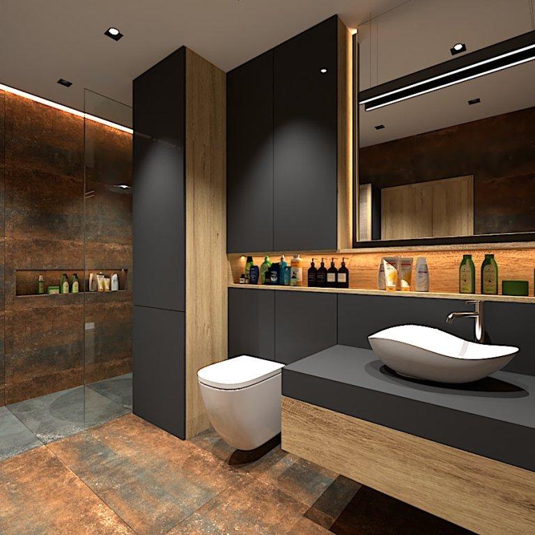 Projekt industrialnej łazienki Gorzów Wielkopolski, aranżacja łazienki z prysznicem