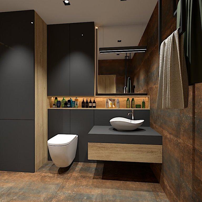 Projekt industrialnej łazienki Gorzów Wielkopolski, zobacz na wizualizacji w jaki sposób projektant łazienek ożywił industrialną łazienkę, ożywił płytkami imitującymi stal pordzewiałą, odpowiednio ją wkomponował do wnętrza łazienki dzięki temu nasycił przestrzeń energią koloru