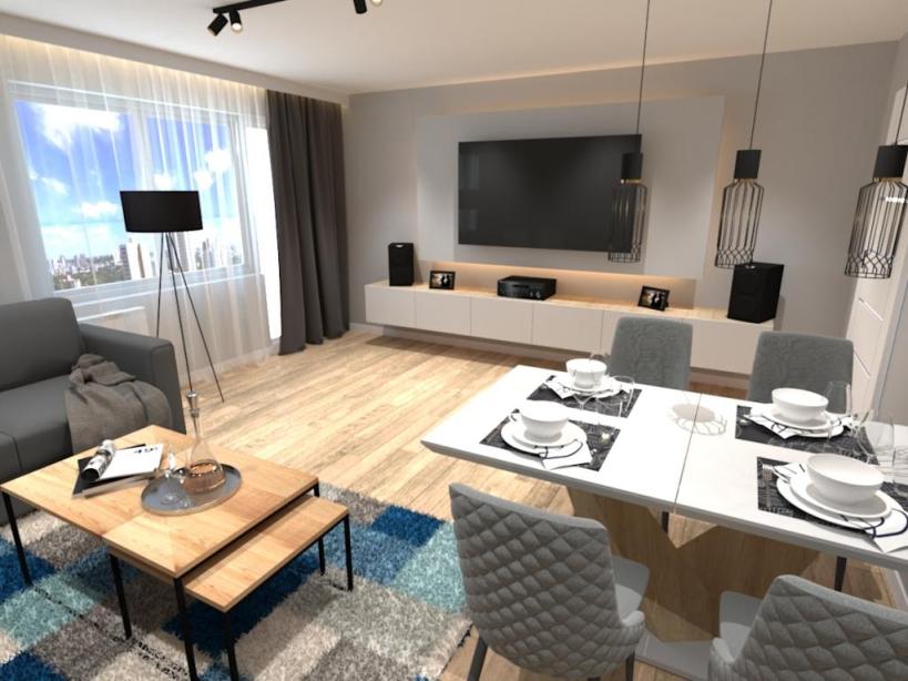 Salon w mieszkaniu w bloku. Projekt wnętrza