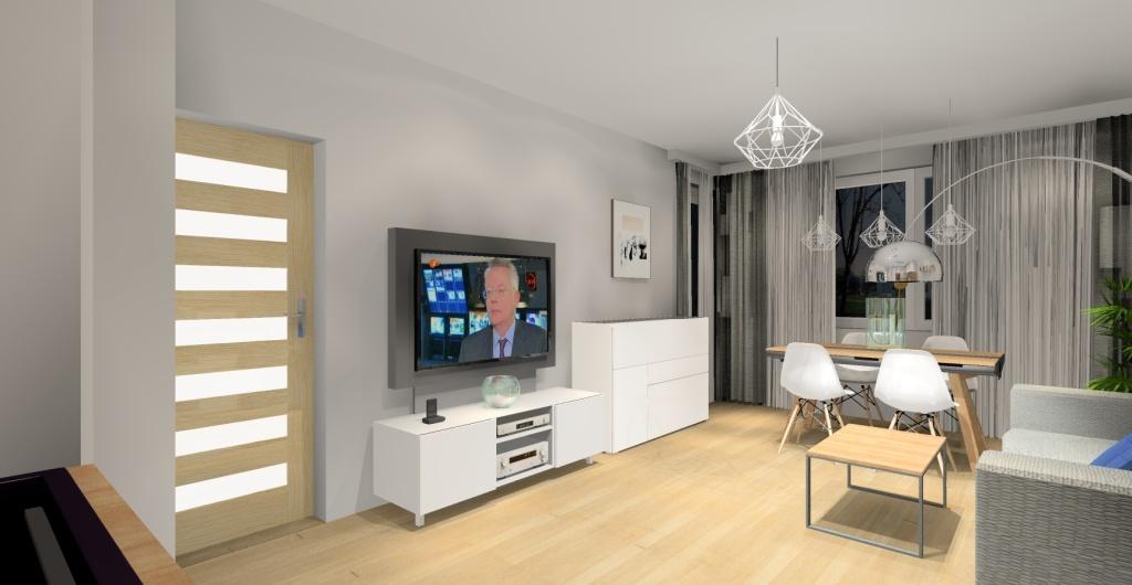 salon z kuchnią w stylu skandynawskim, biały,szary, drewno