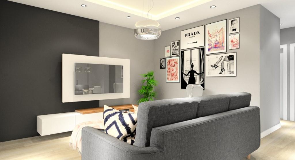 Komfortowa strefa wypoczynkowa w salonie, dwuosobowa sofa, fotel 