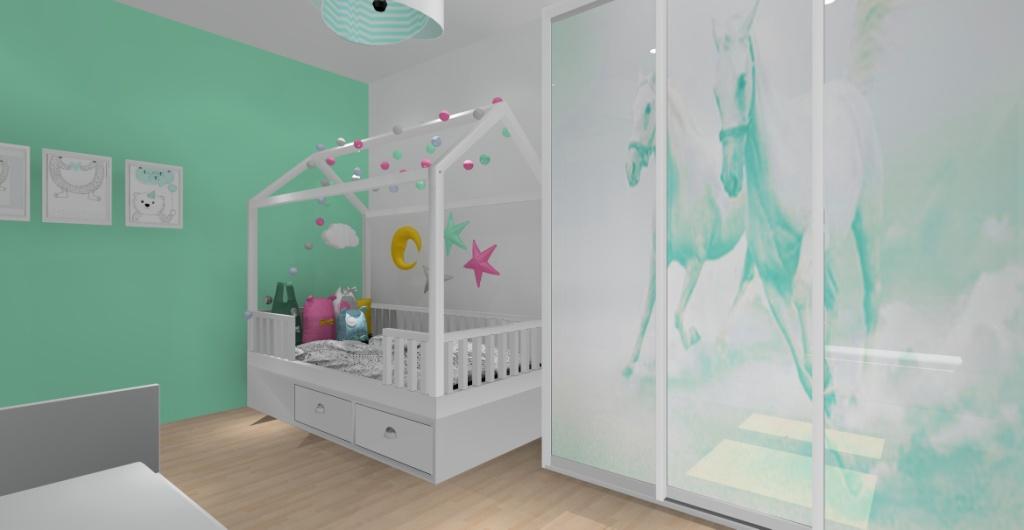 Projekt pokoju dla dziecka, łózko domek dla dziecka, szafa przesuwna z końmi w kolorze miętowym