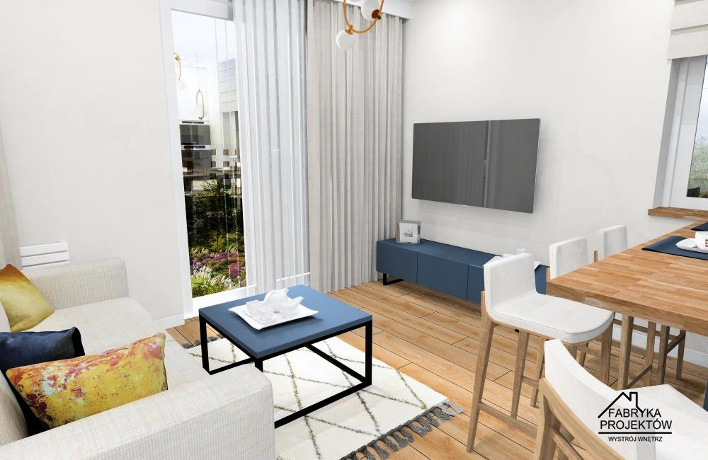 Salon z aneksem kuchennym, mieszkanie 60 m2