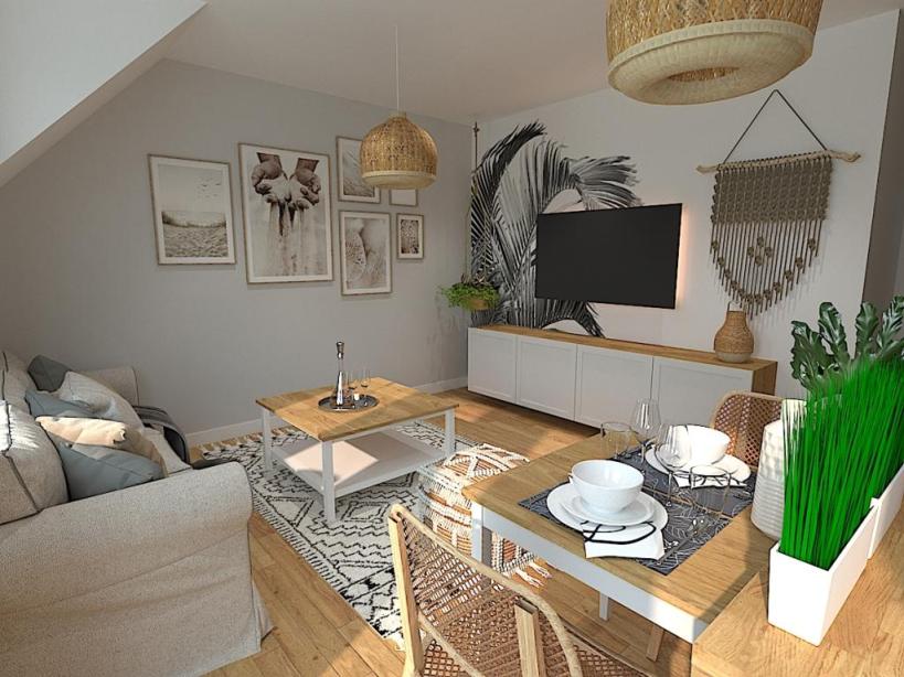 Beżowy, przytulny salon w stylu boho