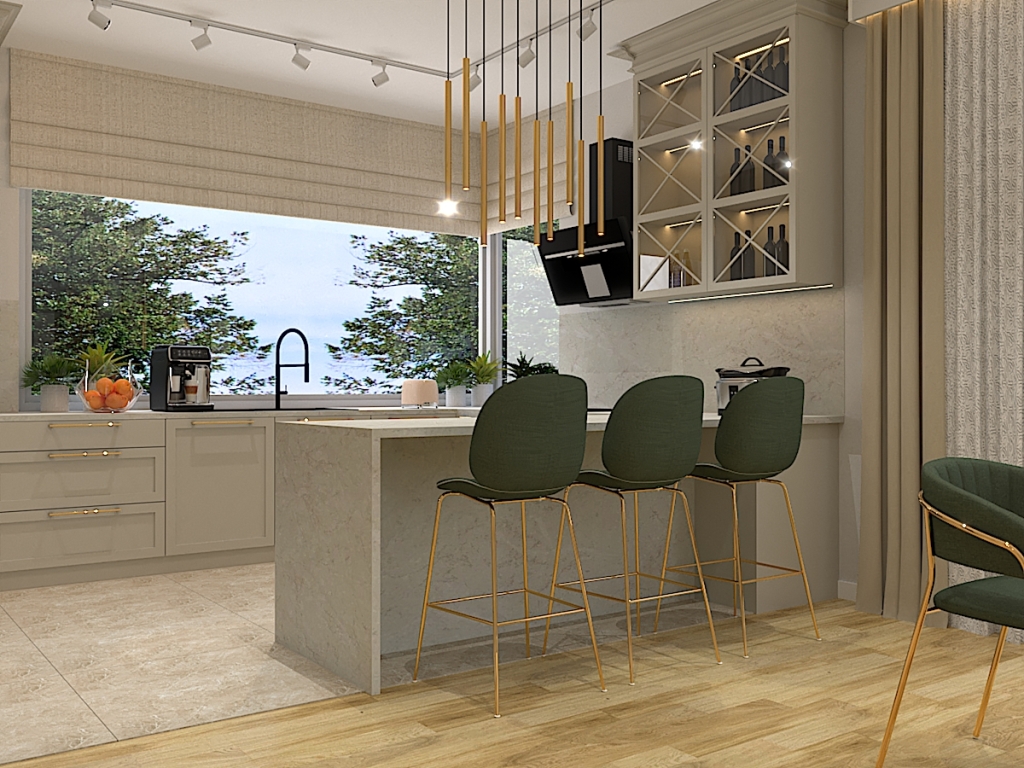 Gotowy projekt kuchni otwartej na salon w stylu glamour