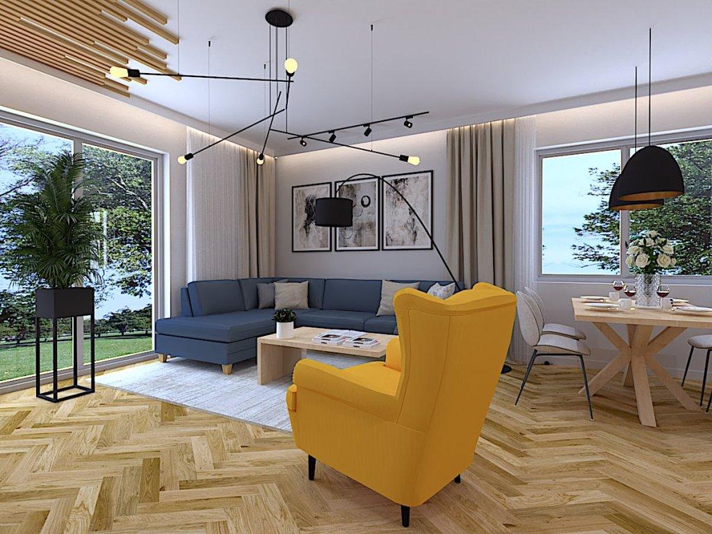 Nowoczesny salon z otwartą kuchnią w kolorach beżowy, granatowy, żółty i drewno
