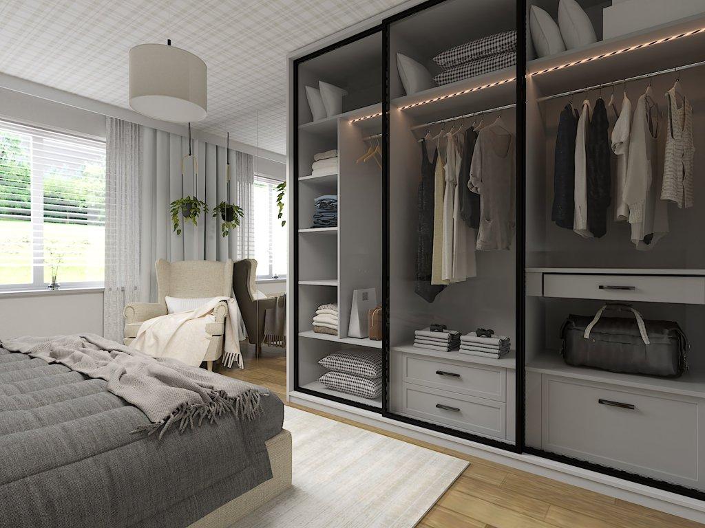 Dalszy ciąg sypialni na poddaszu ze skosami Warszawa