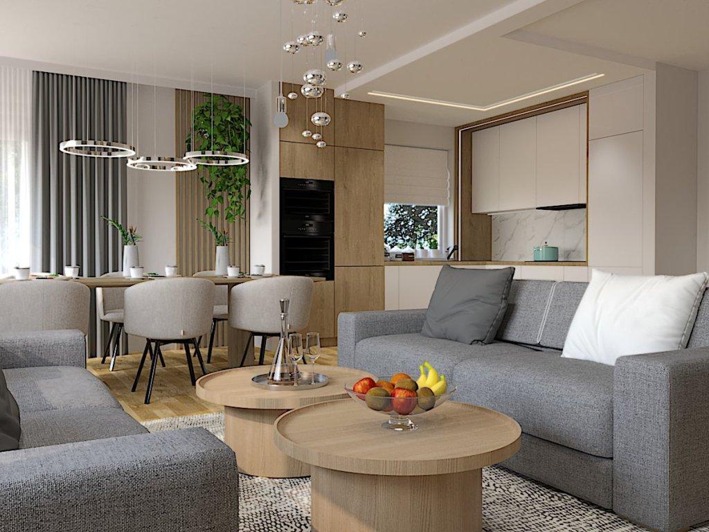 Projekt salonu z kuchnią i jadalnią Piaseczno