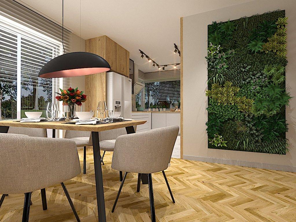 Projekt kuchni i jadalni w zaprojektowanym domu w stylu nowoczesnym w Gomunicach widok na aranżację kuchni i jadalnia aranżację jadalni i salonu
