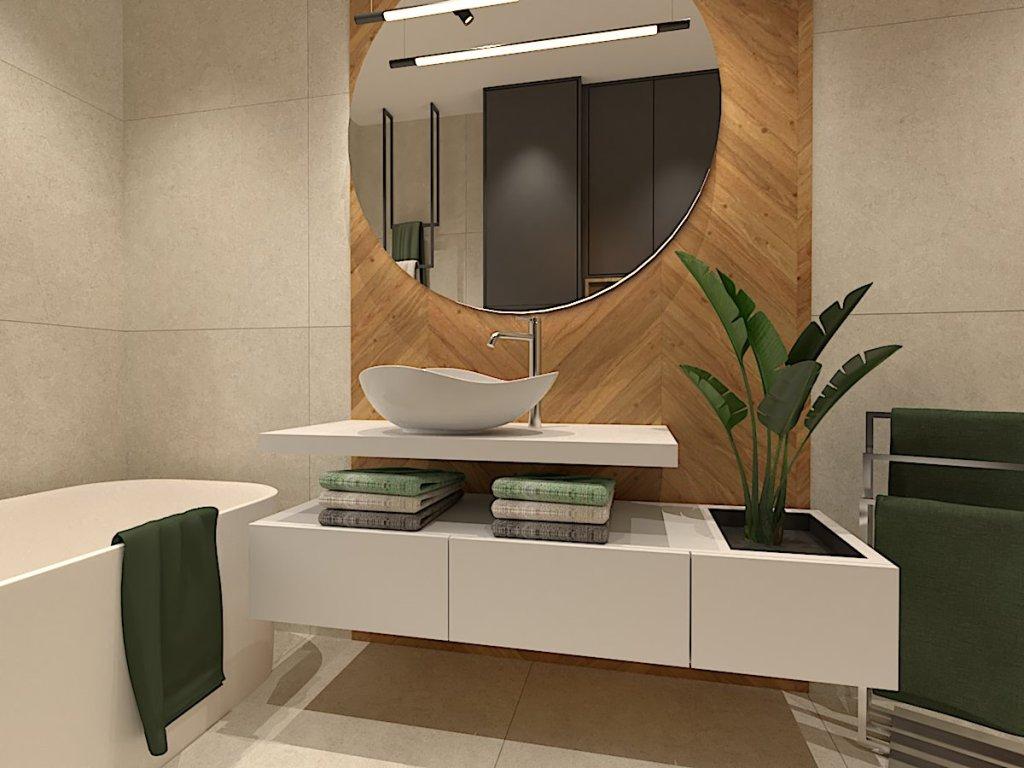 Projekt łazienki w zaprojektowanym domu w stylu nowoczesnym w Gomunicach widok na aranżację ściany z umywalką