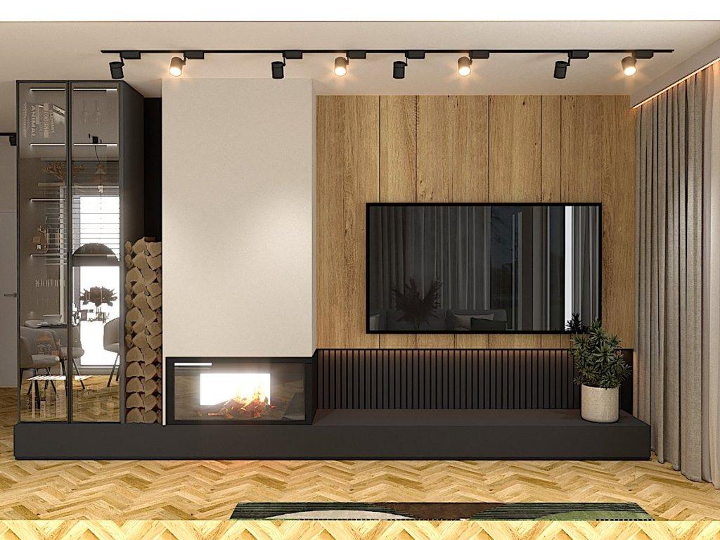 Projekt salonu w zaprojektowanym domu w stylu nowoczesnym w Gomunicach widok na aranżację ściany z TV