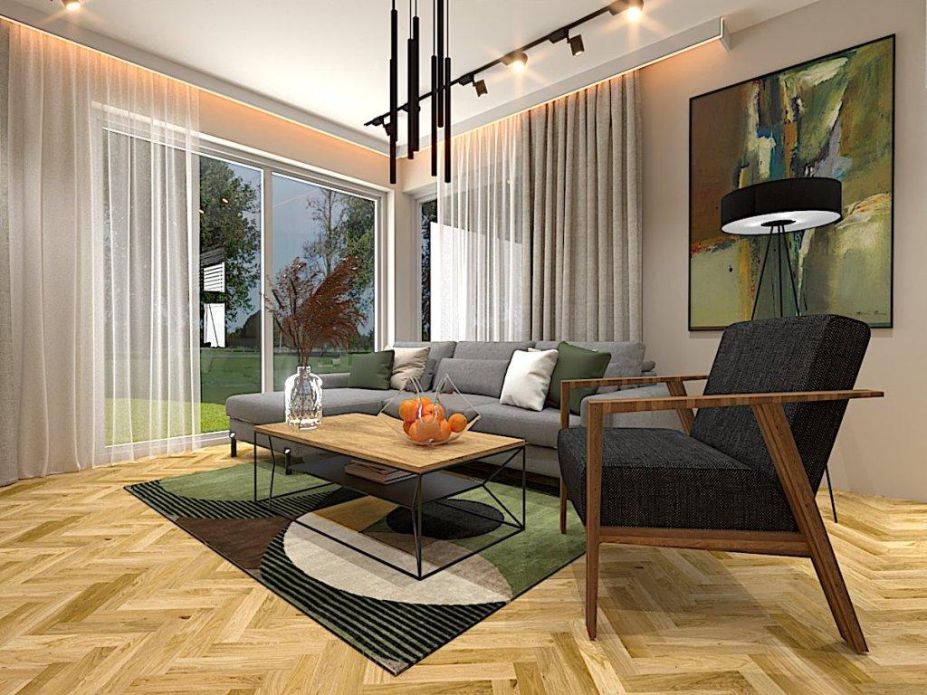 Projekt salonu w zaprojektowanym domu w stylu nowoczesnym w Gomunicach widok na ścianę z wypoczynkiem