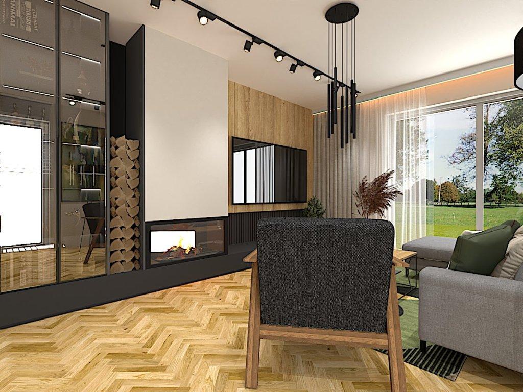 Projekt salonu w zaprojektowanym domu w stylu nowoczesnym w Gomunicach