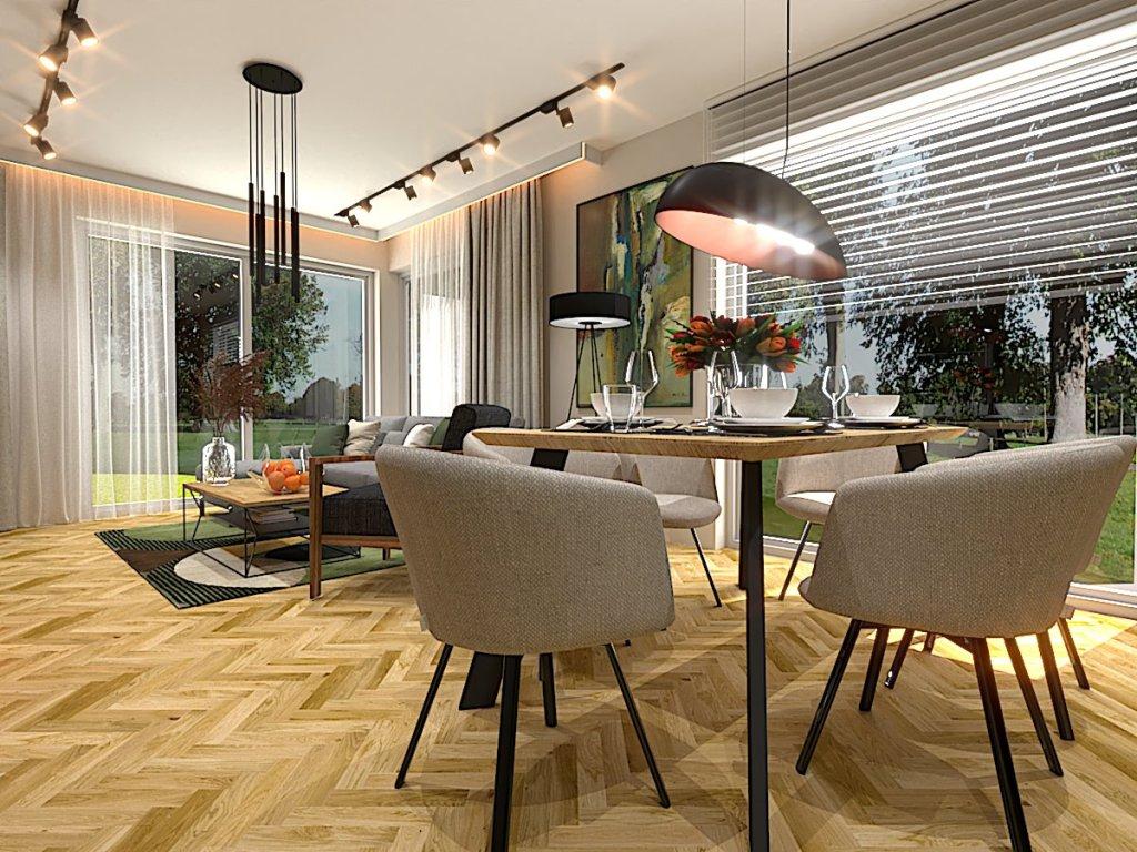 Projekt salonu z jadalnią w zaprojektowanym domu w stylu nowoczesnym w Gomunicach widok na aranżację jadalni i salonu