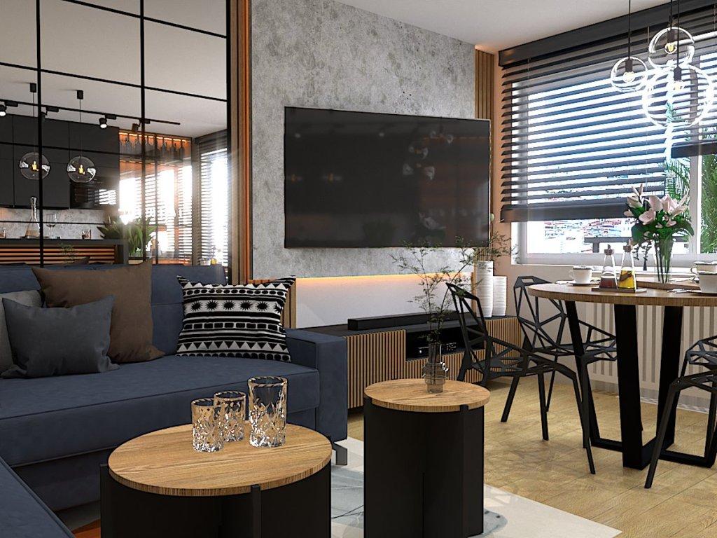 Projekt kuchni z aneksem kuchennym w mieszkaniu 62 m2 widok na salon