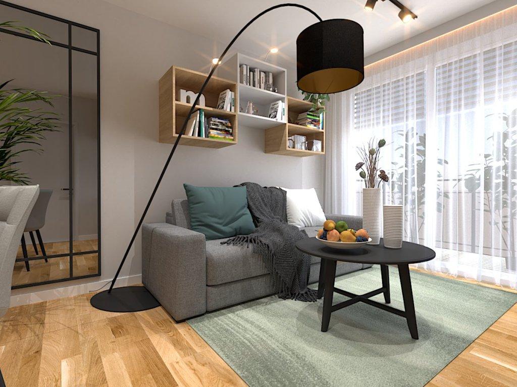 Salon z aneksem kuchennym w mieszkaniu 38 m2 Wrocław - widok na salon