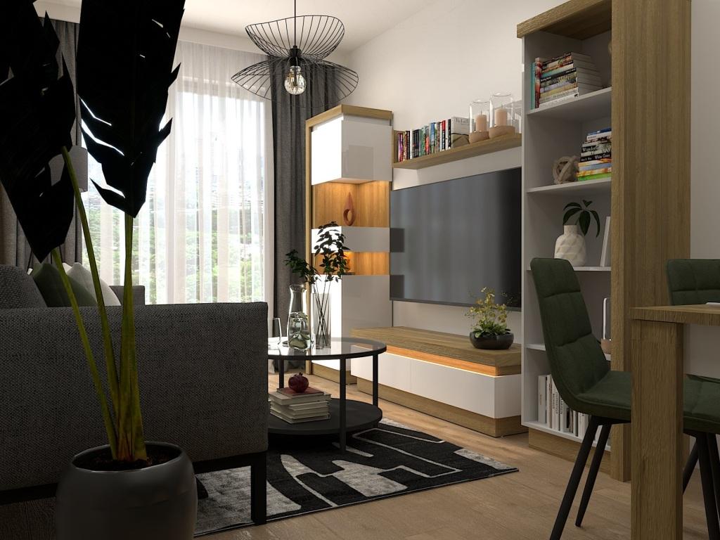 Inspiracja salon z kuchnią 23m2, strefa wypoczynkowa - ściana medialna
