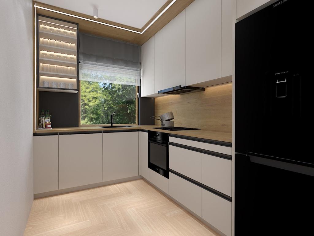 Projekt salonu z kuchnią 43m2, strefa kuchenna