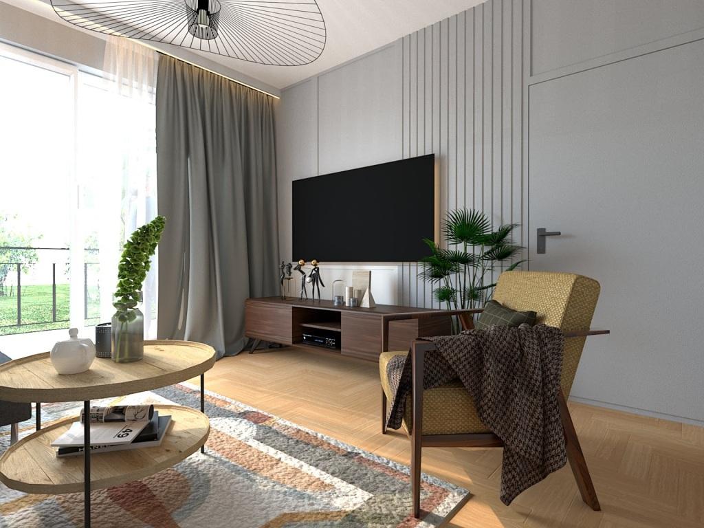 Salon z kuchnią 41m2, strefa wypoczynkowa - ściana medialna