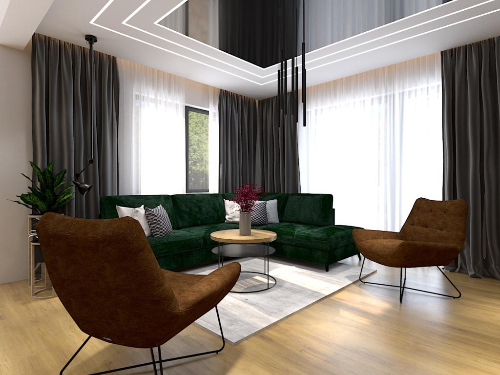 Aranżacja salonu z kuchnią 47m2, strefa wypoczynkowa