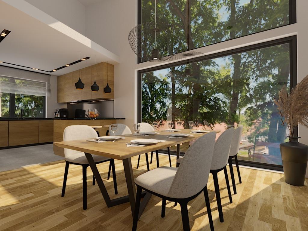 Salon z kuchnią 49 m2, strefa kuchenna i jadalniana