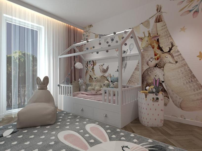 Pomysł na pokój dla dziecka, dziewczynki, łóżko domek, pufa, fototapeta ze zwierzętami 