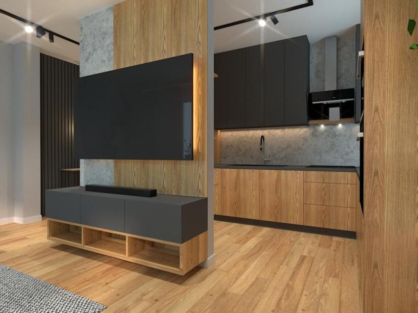 Projekt mieszkania 64m2, salon z aneksem