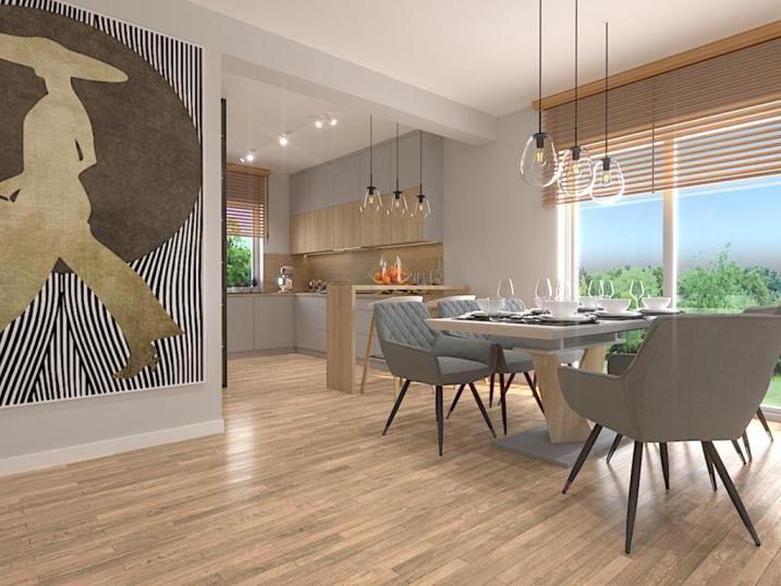Salon z kuchnią 32m2. Aranżacja wnętrza salonu z otwartą kuchnią 
