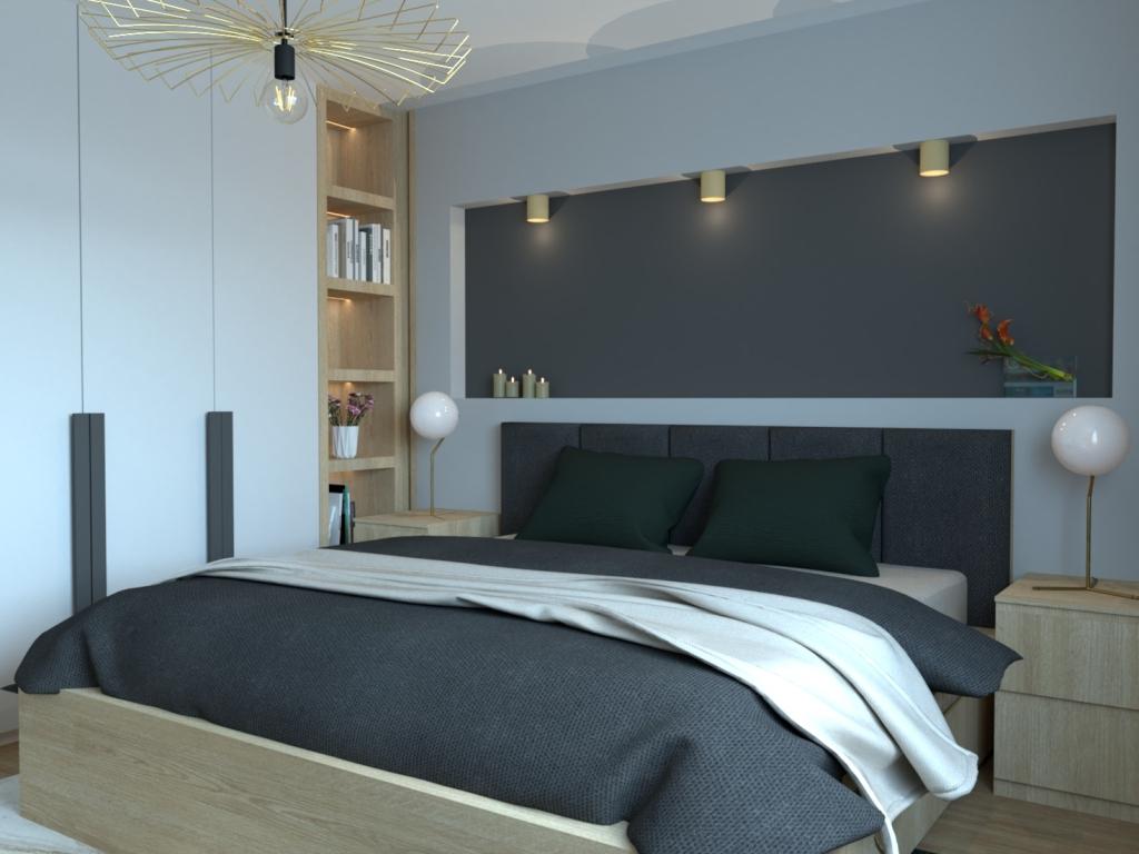 Sypialnia 19 m2. Piękna, nowoczesna aranżacja. Pomysł na ścianę za łóżkiem