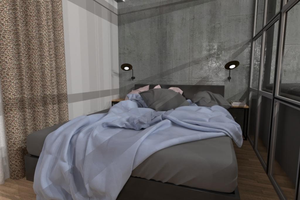 Sypialnia, wydzielona w salonie, łóżko tapiecrowane, ściana betonowa